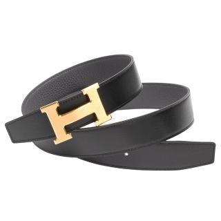 【Hermes 愛馬仕】金色髮絲紋H LOGO雙面兩穿小牛皮腰帶/皮帶(黑X錫灰H073967CA-BLK ETAIN-OR)