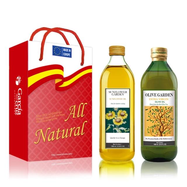 即期品【SUNFLOWER頂級葵花油X OLIVE GARDEN冷壓初榨特級橄欖油】油品1000ml*2入禮盒組