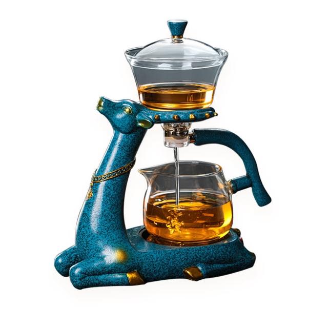 【沐森活】一鹿有你磁吸壺玻璃茶具套裝組(藍鹿精裝/半自動泡茶具)