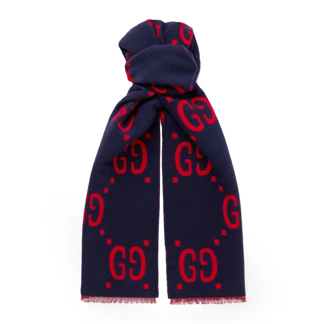 GUCCI 古馳 495592 經典GG大LOGO雙色羊毛圍巾/披巾(藍色)