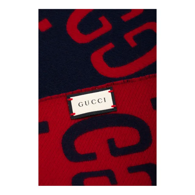 【GUCCI 古馳】495592 經典GG大LOGO雙色羊毛圍巾/披巾(藍色)