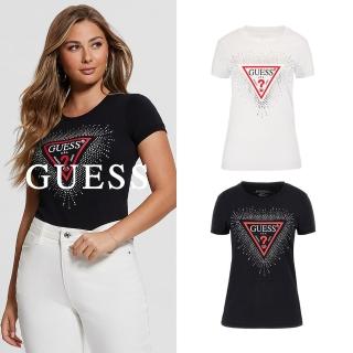 【GUESS】星爆水鑽LOGO修身圓領短T(兩色可選)