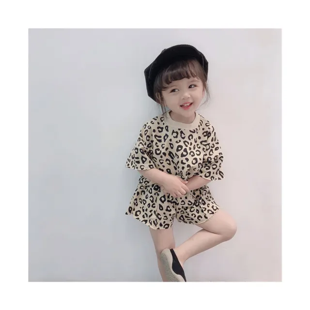 【安朵童舖】現貨韓版女童套裝豹紋短袖T恤上衣女寶短褲套裝童裝衣服(04)