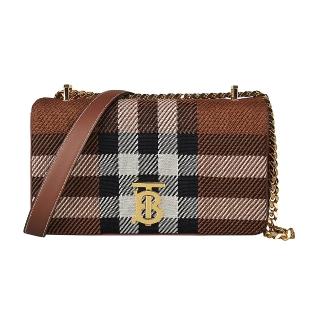 【BURBERRY 巴寶莉】BURBERRY LOLA TB金字LOGO織布釦式鍊帶肩背/斜背包(小/深樺木棕)