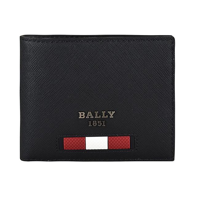 【BALLY】BALLY BEYVE經典灰字LOGO紅白紅橡膠條紋防刮牛皮6卡對折短夾(黑)