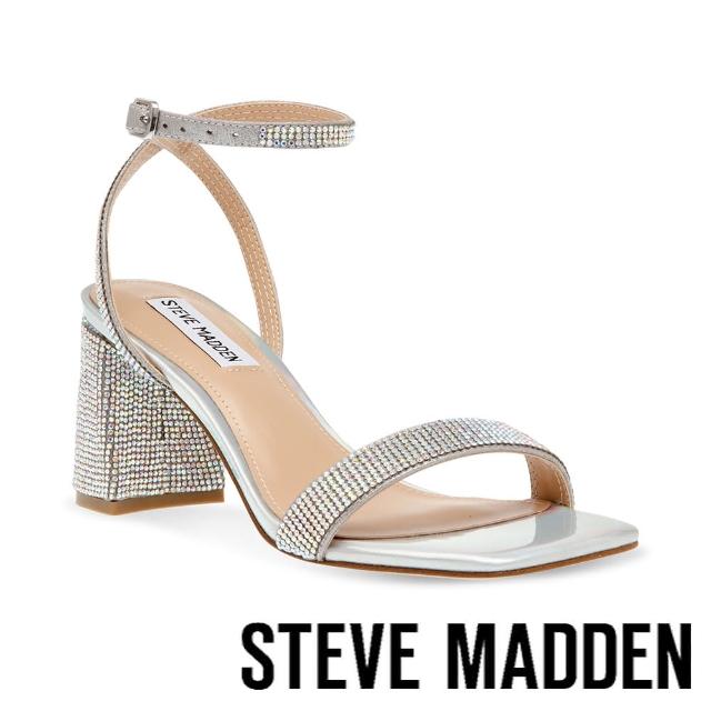 【steve madden】LUXE-R 鑽面方頭繞踝粗跟涼鞋(銀色)