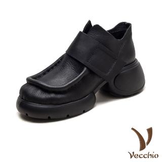 【Vecchio】真皮休閒鞋 厚底休閒鞋/全真皮頭層牛皮復古魔鬼粘側拉鍊設計厚底休閒鞋(黑)