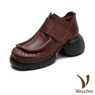 【Vecchio】真皮休閒鞋 厚底休閒鞋/全真皮頭層牛皮復古魔鬼粘側拉鍊設計厚底休閒鞋(棕)