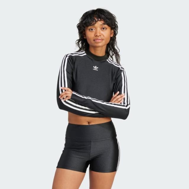 【adidas 愛迪達】上衣 女款 長袖上衣 運動 三葉草 3 S CROPPED LS 黑 IU2428