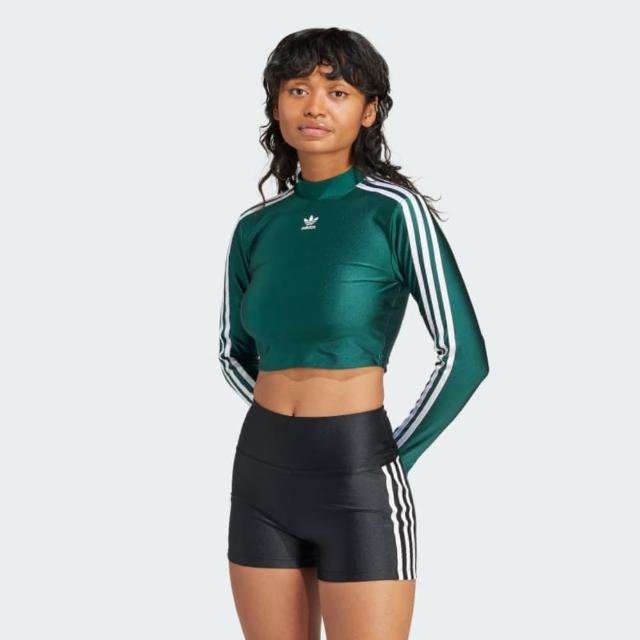 【adidas 愛迪達】上衣 女款 長袖上衣 運動 三葉草 3 S CROPPED LS 綠 IR8136