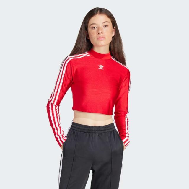 【adidas 愛迪達】上衣 女款 長袖上衣 運動 三葉草 3 S CROPPED LS 紅 IR8132