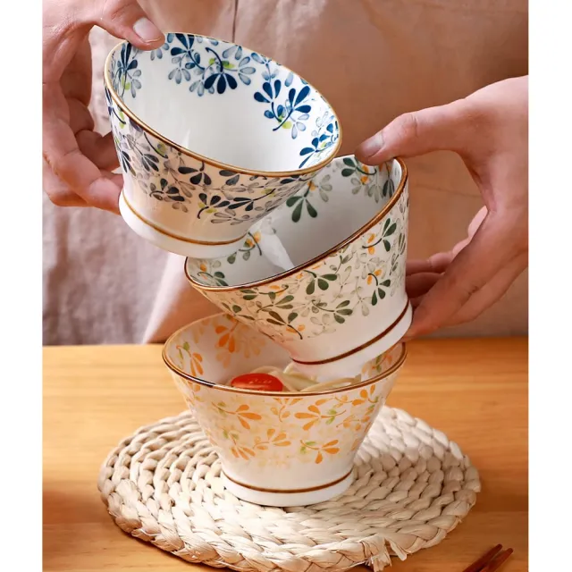 【樂邁家居】日式 四季繁花陶瓷碗 4入 盒裝(質感餐具/釉下彩工藝/和風食器)