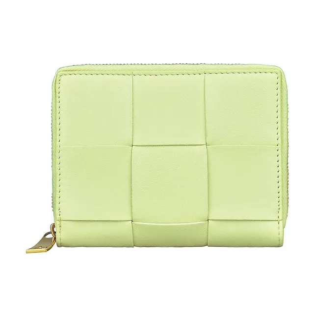 【BOTTEGA VENETA 寶緹嘉】BV BOTTEGA VENETA 內裡壓印LOGO Cassette寬編織設計小羊皮6卡拉鍊短夾(檸檬黃)（其他規格）
