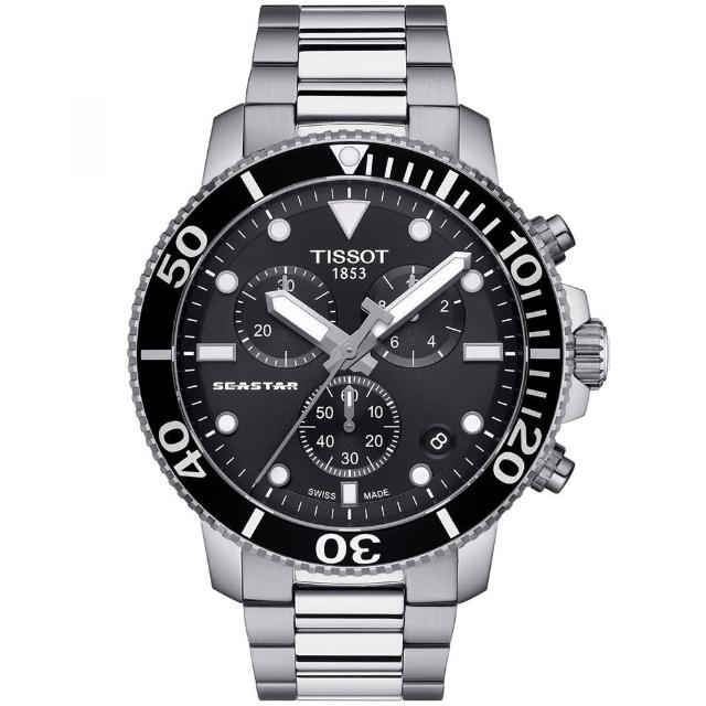 【TISSOT 天梭 官方授權】Seastar 1000海星黑水鬼300米潛水三眼計時石英錶-45.5mm 禮物(T1204171105100)