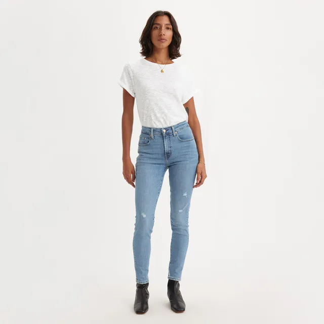 【LEVIS】女款 721高腰緊身窄管牛仔長褲 / 淺藍水洗破壞加工 / 彈性布料 熱賣單品 18882-0687