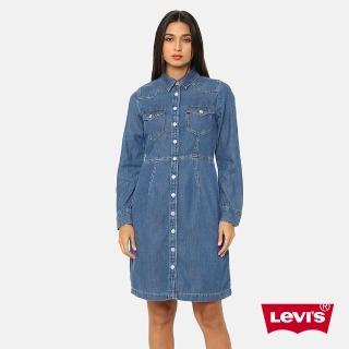【LEVIS 官方旗艦】女款 合身長版牛仔洋裝 / 襯衫式順腰設計 / 經典外套母扣 上衣 熱賣單品 A7565-0000