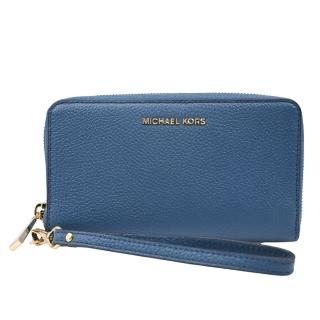 【Michael Kors】WRISTLETS 靛藍色荔枝紋金LOGO內防刮皮革多用途手拿包/手機包(手把可拆)