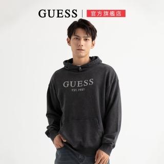 【GUESS】素色休閒LOGO帽T(深灰)