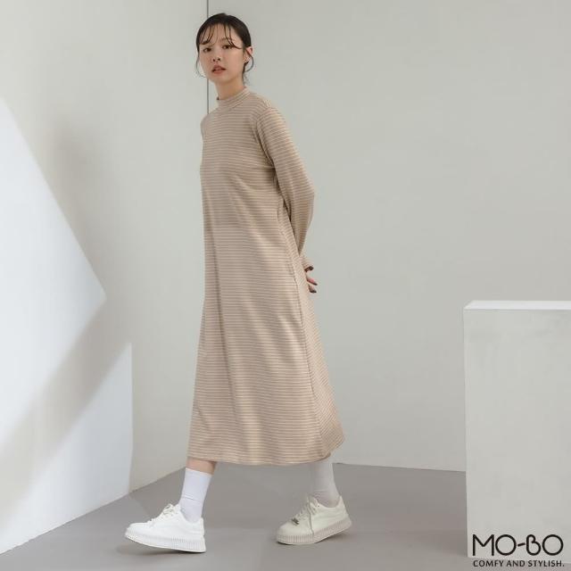 【MO-BO】MIT磨毛條紋寬鬆高領洋裝