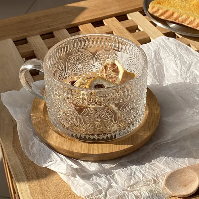 【日日好事】400ML浮雕早餐杯 耐熱玻璃杯 麥片杯 玻璃杯(奶茶杯 早餐杯 咖啡杯 玻璃杯 馬克杯)