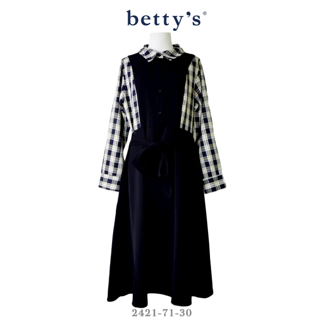 betty’s 貝蒂思 文青格紋拼接腰間綁帶洋裝(黑色)