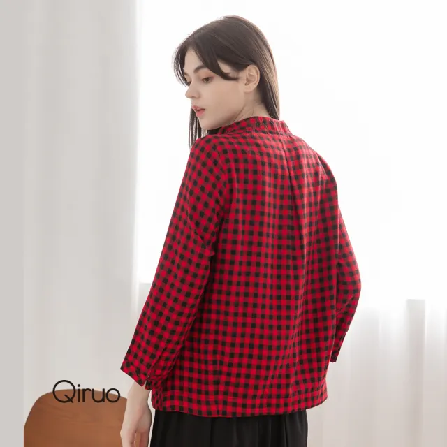 【Qiruo 奇若名品】秋冬專櫃紅黑格紋襯衫2255A 小荷葉領口上衣(小荷葉領口設)