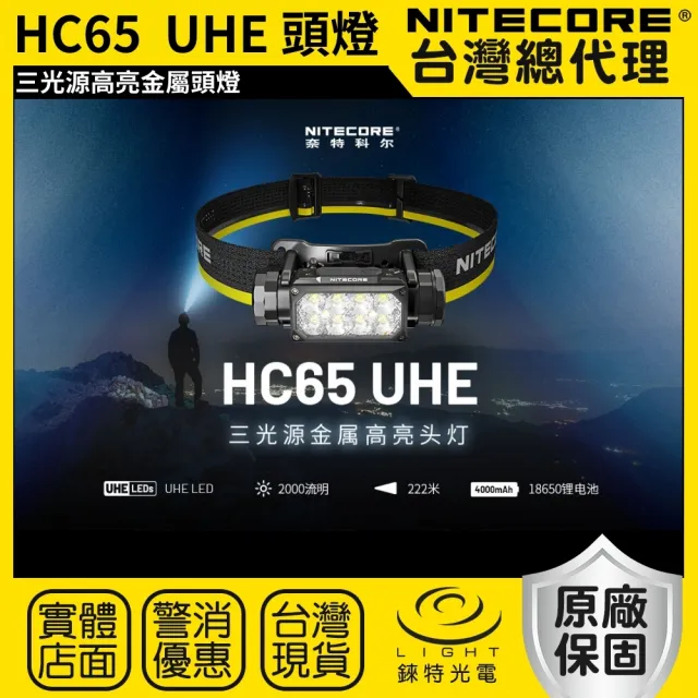【NITECORE】錸特光電 HC65 UHE 三光源金屬高亮頭燈(2000流明 222米 紅白光 附收納盒 副燈高顯色)