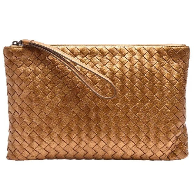 【BOTTEGA VENETA 寶緹嘉】經典編織羊皮拉鍊掛腕/手拿包(小-金256408-GOLD)
