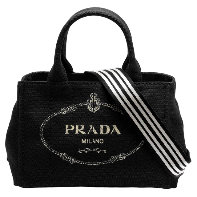 PRADA 普拉達PRADA 普拉達 CANAPA金色三角LOGO帆布縫線造型條紋背帶手提斜背包(黑1BG439-CANAPA-NERO+TALCO)