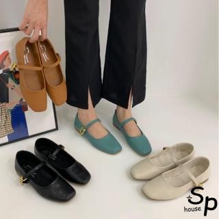 【Sp house】通勤小資女方頭一字扣低跟平底休閒鞋(4色可選)