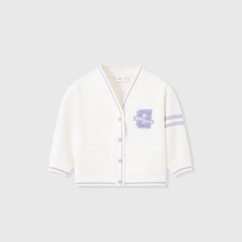【GAP】女幼童裝 Logo刺繡V領針織外套-白色(892049)