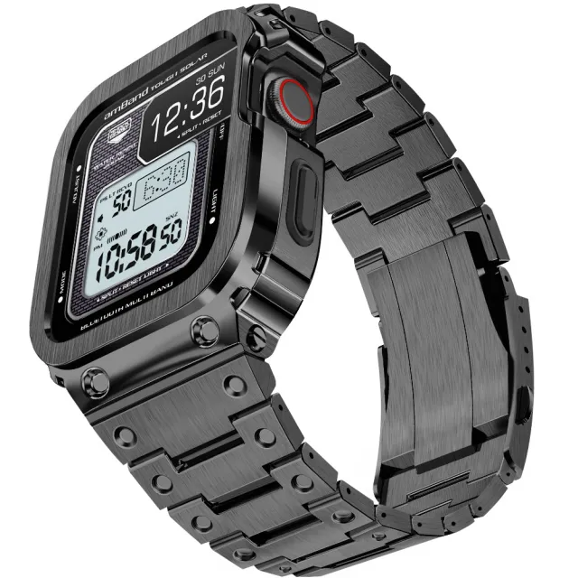 【Amband】Apple Watch 專用保護殼 黑色軍規級全不鏽鋼殼帶(45mm - Apple Watch 8 / 7)