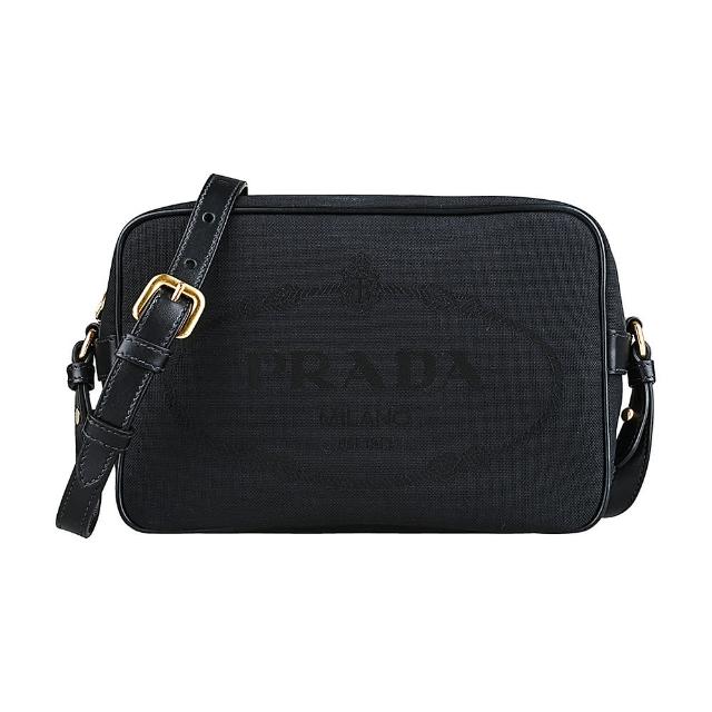 【PRADA 普拉達】PRADA刺繡LOGO帆布拉鍊斜背包(黑)