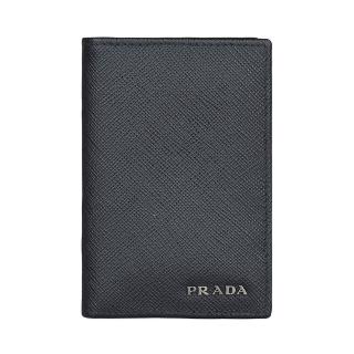 【PRADA 普拉達】PRADA銀字LOGO十字防刮牛皮6卡短夾(黑)