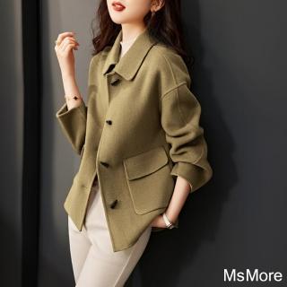 【MsMore】拉德雙面毛呢牛角扣外套時尚休閒短款羊毛感短版大衣#120198(駝)