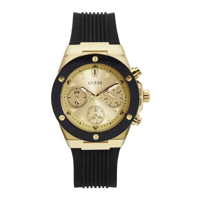 GUESS 黑金色系 三眼日期顯示腕錶 黑色矽膠錶帶 手錶(GW0030L2)
