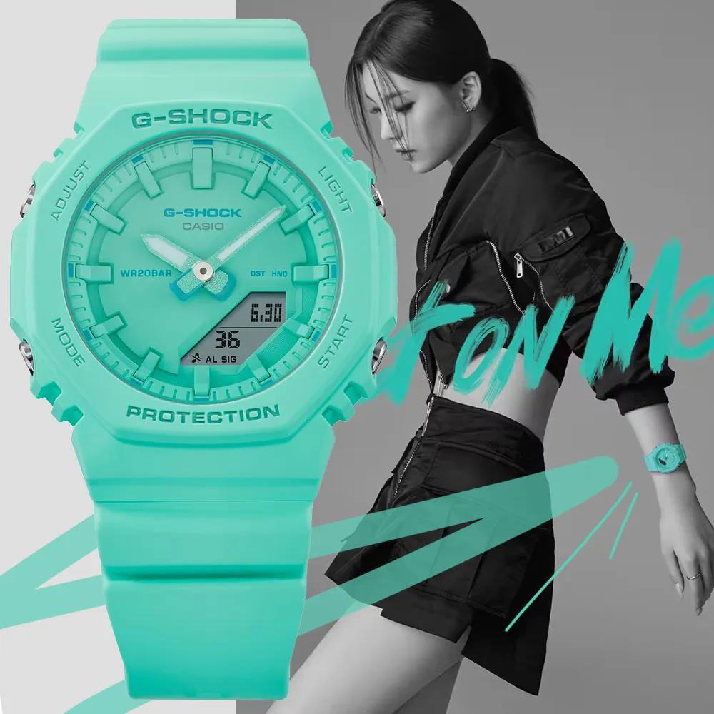 【CASIO 卡西歐】G-SHOCK x ITZY 迷你版農家橡樹 纖薄八角形雙顯錶-綠松藍(GMA-P2100-2A 防水200米)