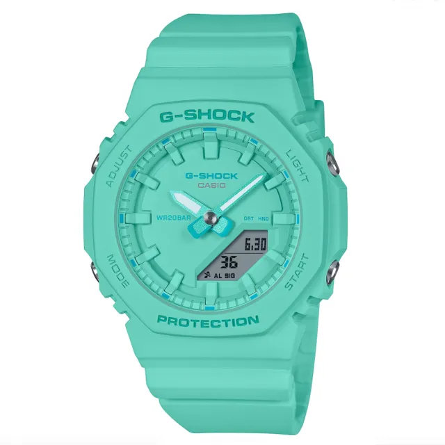 【CASIO 卡西歐】G-SHOCK x ITZY 迷你版農家橡樹 纖薄八角形雙顯錶-綠松藍(GMA-P2100-2A 防水200米)