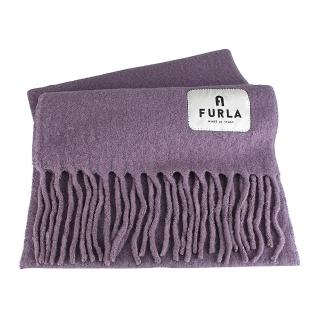 【FURLA 芙拉】FURLA Moon黑字LOGO羊毛混紡流蘇邊緣設計披肩/圍巾(光環紫)