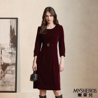 【MYSHEROS 蜜雪兒】絲絨連身洋裝 高雅金蔥 鑽飾收腰設計(棗)