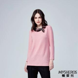 【MYSHEROS 蜜雪兒】造型長版上衣 附鑽飾飾品 刺繡網領設計(粉)
