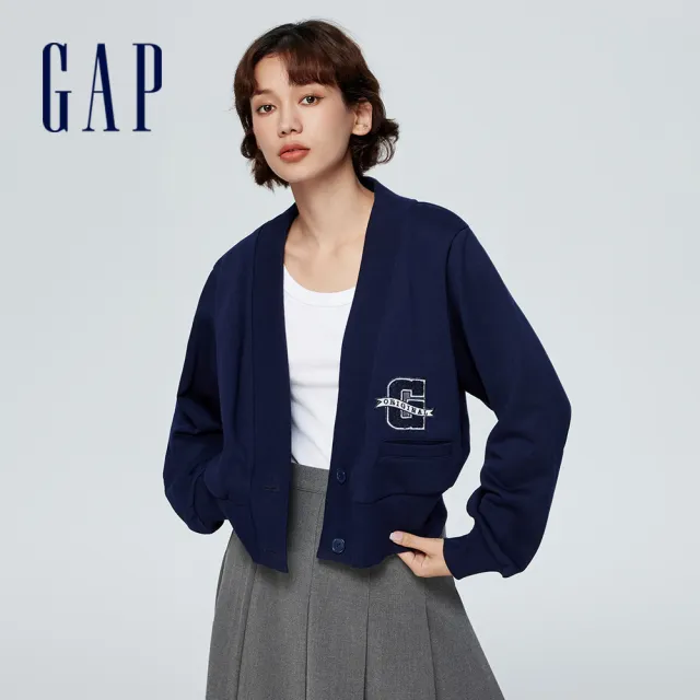 【GAP】女裝 Log印花V領針織外套 碳素軟磨法式圈織系列-海軍藍(430345)