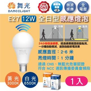 【DanceLight 舞光】1入組 12W 微波感應燈泡 全電壓 E27 自動亮燈 人來亮(白光/黃光)