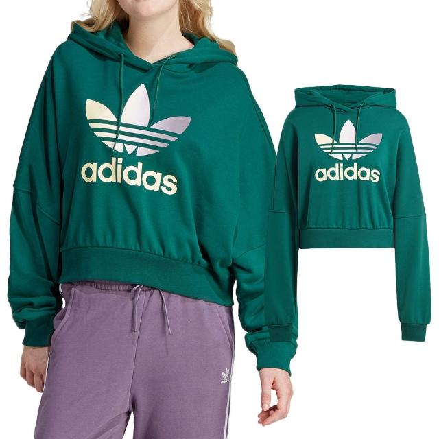 【adidas 愛迪達】Gradient Hoodie女款 綠色 經典 三葉草 休閒 寬鬆 上衣 短版 連帽 長袖 IR6043