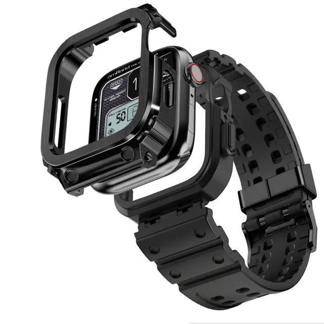 【Amband】Apple Watch 專用保護殼  黑色軍規級鋼殼 X TPU 錶帶(45mm - Apple Watch 8 / 7)