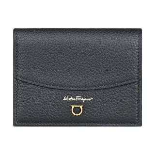 【Salvatore Ferragamo】SALVATORE FERRAGAMO GANCIN金字LOGO內燙金圖案設計牛皮4卡釦式零錢包(黑)