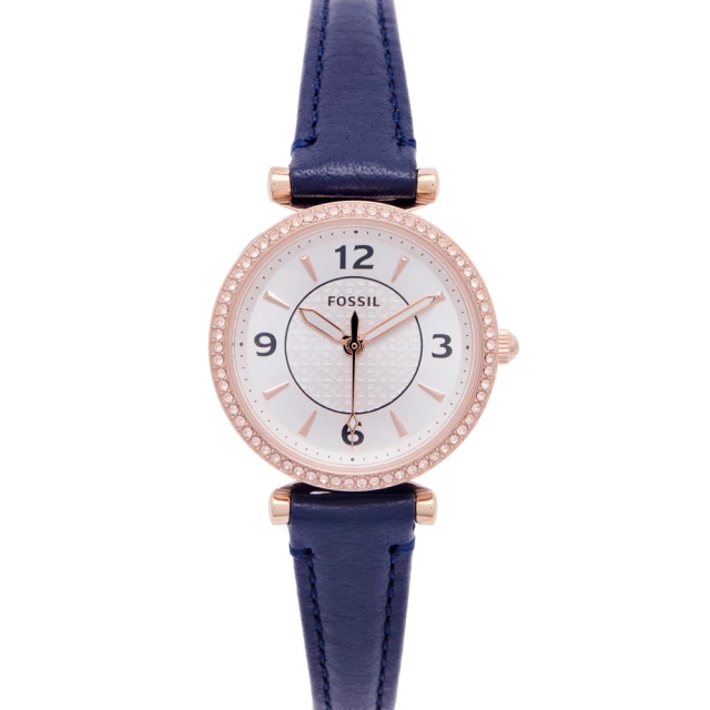 【FOSSIL】甜美風格款錶框鑲鑽皮革錶帶手錶-銀色面x藍色系/28mm(ES5295)