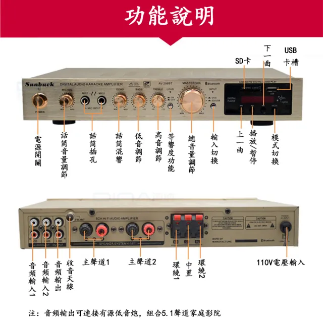 【SUNBUCK/山宇】110V擴大機 5聲道功放機(內置藍芽/遙控/卡拉OK擴大機 音響播放器)