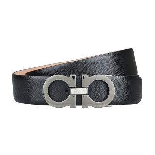【Salvatore Ferragamo】SALVATORE FERRAGAMO GANCINI金屬環釦LOGO荔枝紋小牛皮釦式皮帶(寬版/黑)