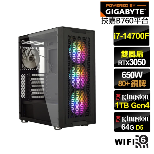 技嘉平台 i7廿核GeForce RTX 3050{神鷹魔導}電競電腦(i7-14700F/B760/64G/1TB/WIFI)